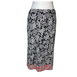 J. Jill Black and White Leaf Print Midi Skirt with Red Trim